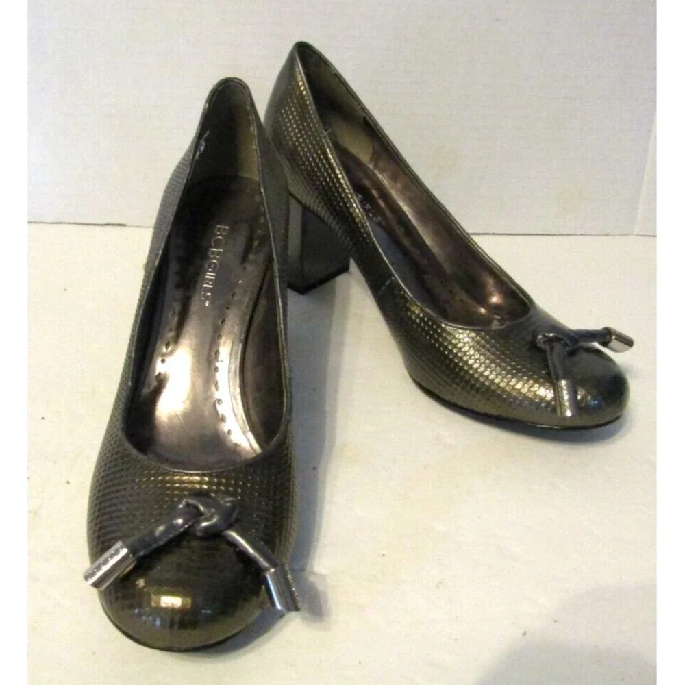 BCBGirls Heels Metallic Gunmetal Gray Block Leather Textured Shoes Size 9B